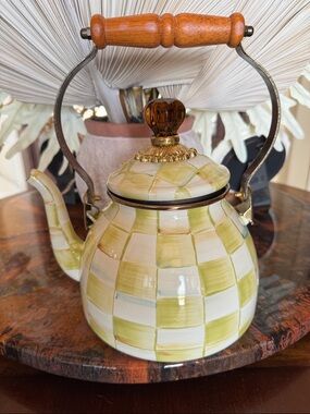 MacKenzie-Childs Checkered Teapot in Lime and Cream with Wood Handle